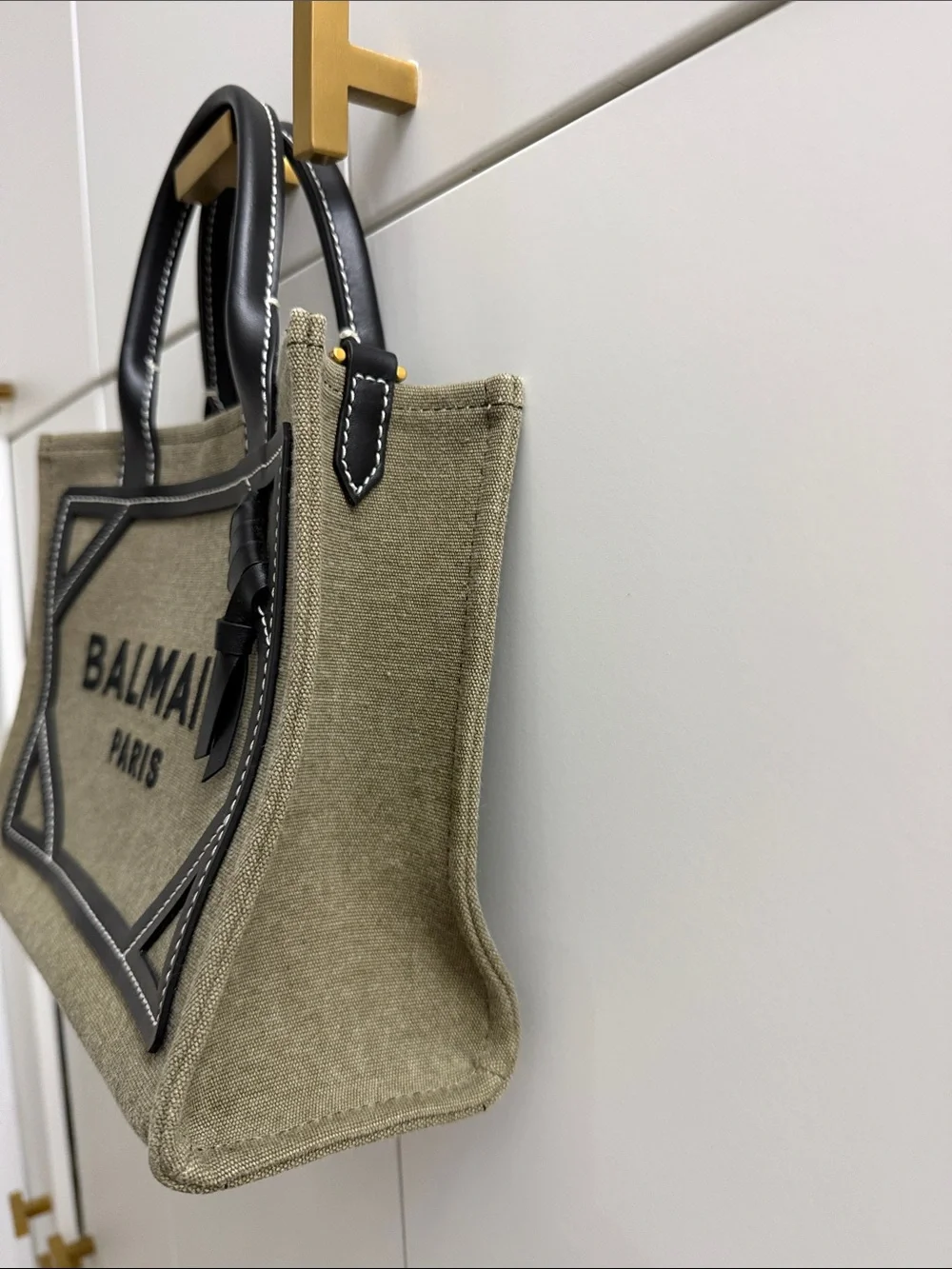 Balmain Olive Canvas Tote with Black Leather Trim